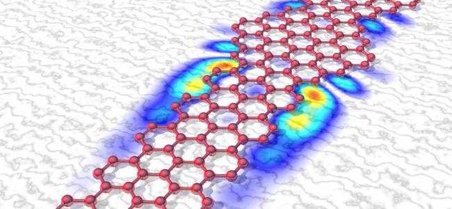 The image shows the two-dimensional TiO2 structure with its hexagonal lattice in the top left with the incident photons represented by a beam of light. As water molecules enter from the bottom left, they dissociate into their constituents, O2 and H2.