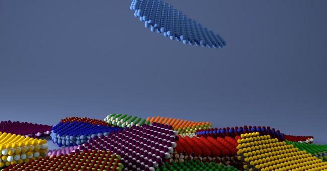 The image shows the two-dimensional TiO2 structure with its hexagonal lattice in the top left with the incident photons represented by a beam of light. As water molecules enter from the bottom left, they dissociate into their constituents, O2 and H2.