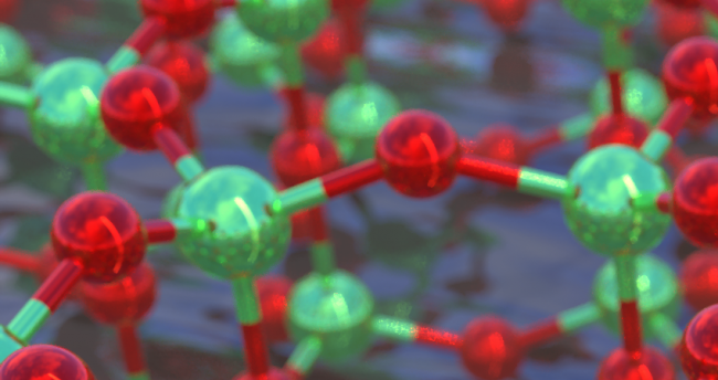 The image shows the two-dimensional TiO2 structure with its hexagonal lattice in the top left with the incident photons represented by a beam of light. As water molecules enter from the bottom left, they dissociate into their constituents, O2 and H2.